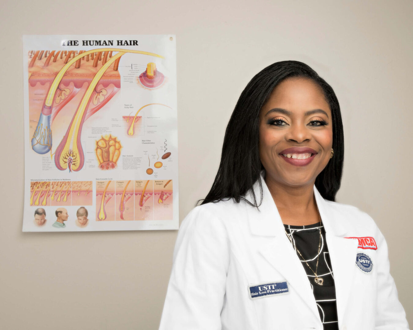 A woman in white lab coat standing next to an anatomy poster.